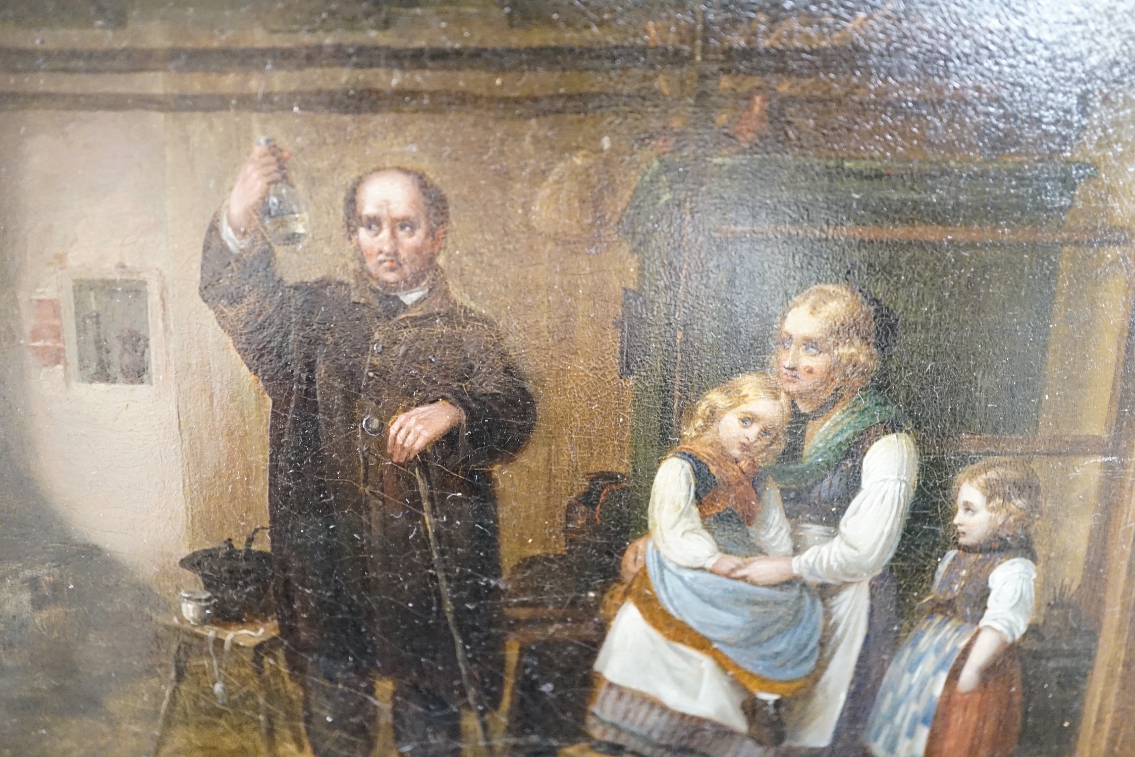 Late 19th century Austrian School, oil on papier mache, 'The Doctor's Visit', possibly once a box lid, 11.5 x 17cm